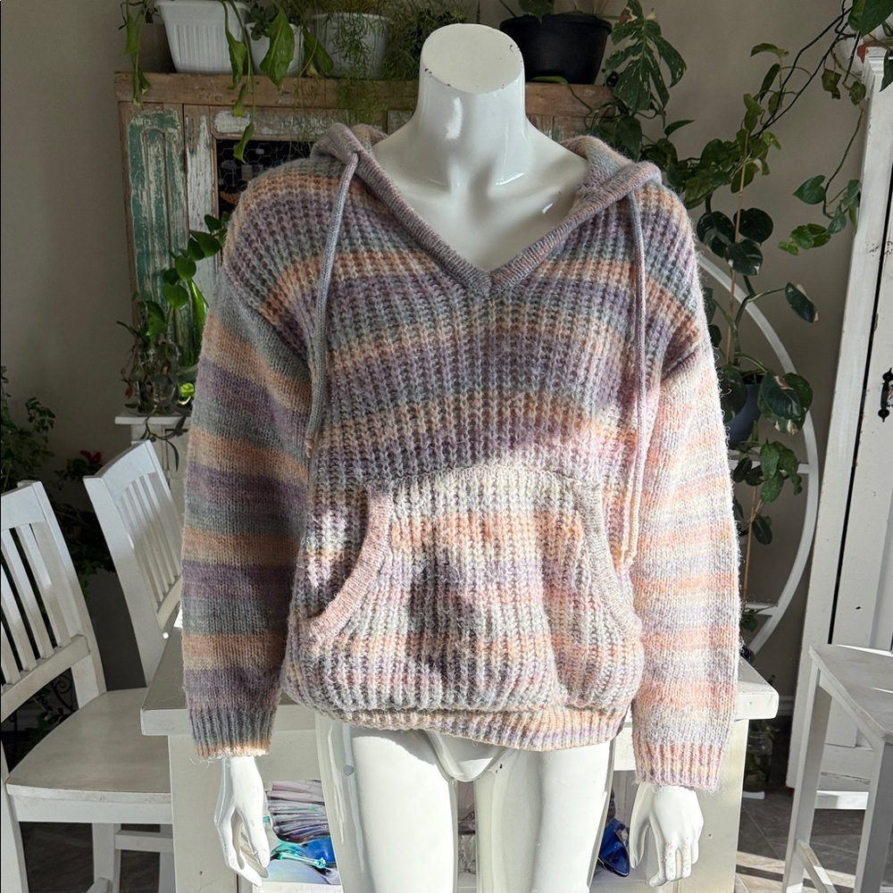 Dex Multicolor chunky Knit hooded v neck oversized XS sweater